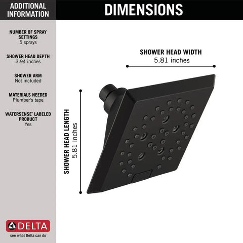 5 Setting Matte Black Shower Head With H2Okinetic PowerDrench Spray Delivers 3X Coverage, 6 Inch Square Showerhead, 1.75 GPM Flow Rate, Full Body Massage Modes For A Spa Level Shower Vibe