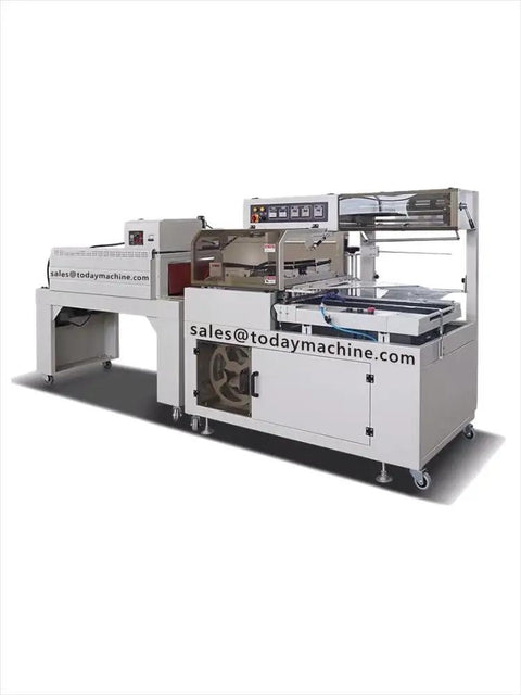 Industrial Grade Automatic Heavy Duty L Bar Shrink Film Packer for Carton Boxes and Produce Crates with heat sealing system.