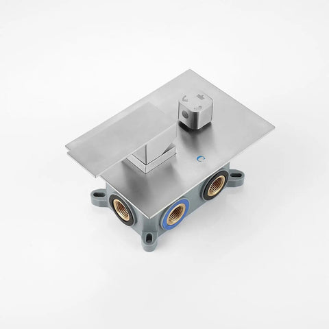 Shower System Combo with Hand Shower and Tub Spout valve diverter with stainless steel finish, featuring four connection ports.