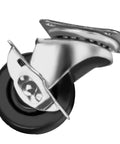 Close-up of a single 2-inch swivel caster with side brake, hard rubber wheel, and top plate mount for 85 lb load, part of 12 Pack 2-Inch Swivel Casters With Brakes For Cart Or Equipment, Hard Rubber Wheels, Top Plate Mount, Double Ball Bearings, 85 Lb Load Capacity Per Caster, Includes 1.9 X 2.2 Inch Plate, 2.5 Inch Overall Height.