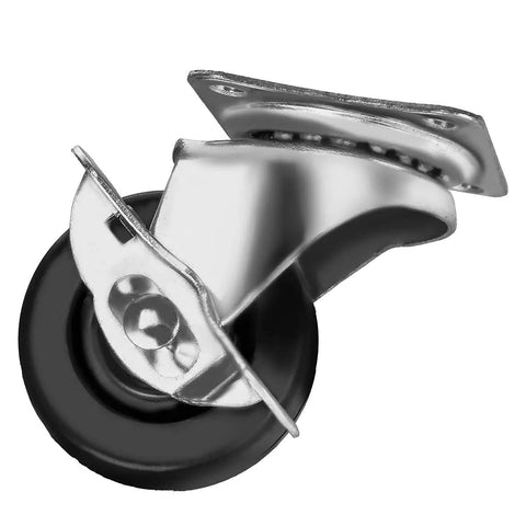 Close-up of a single 2-inch swivel caster with side brake, hard rubber wheel, and top plate mount for 85 lb load, part of 12 Pack 2-Inch Swivel Casters With Brakes For Cart Or Equipment, Hard Rubber Wheels, Top Plate Mount, Double Ball Bearings, 85 Lb Load Capacity Per Caster, Includes 1.9 X 2.2 Inch Plate, 2.5 Inch Overall Height.