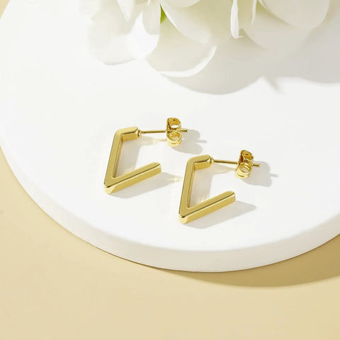 14K Gold Hoop Earrings For Women, Minimalist V-Shaped Open Hoops, Hypoallergenic And Lightweight 17mm Design on display