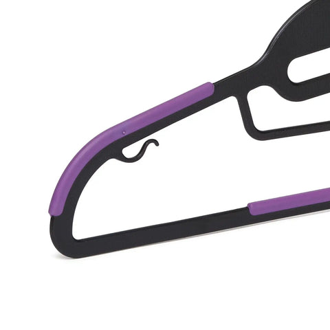 Premium Quality Space Saving Plastic Hangers With Non Slip Rubber Shoulder Guards And Pant Bars Smooth 360 Swivel Hooks For Keeping Your Favorite Fits Crisp Black Purple Closet Upgrades Pack Of Fifty