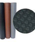 Three rolls of coin pattern rubber flooring in black, brown, and gray with close-up showing texture. Coin Pattern Rubber Flooring 3.5mm Thick 36 Inch By 10 Foot Sheet Dark Gray No Slip Surface For Garage And Shop Durable Thermoplastic Rubber With Superior Traction And Moisture Resistance visible.