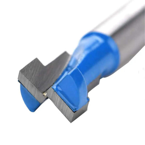 Close-up of Shop Essential 1/4 Inch Shank Keyhole Router Bit Set With T Slot And T Track Cutters, featuring solid steel body.