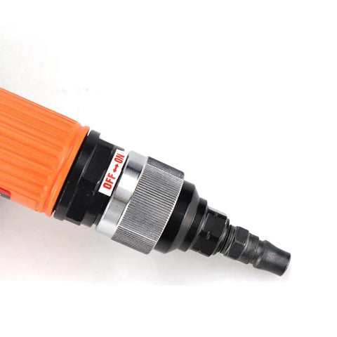 Badass 4 Inch Pneumatic Angle Grinder For Heavy Duty Polishing And Grinding Featuring Front Exhaust Cooling Adjustable Speed Switch And Rugged Metal Spark Guard Cover showing the adjustable speed dial and switch.
