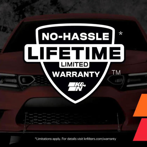 No-Hassle Lifetime Limited Warranty badge over car grille, Subaru Compatible High Flow Engine Air Filter For 2003 To 2021 Models