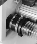 Mag-SET13 magnetic dust-collection clamps on 4-inch hose attached to metal port; side view