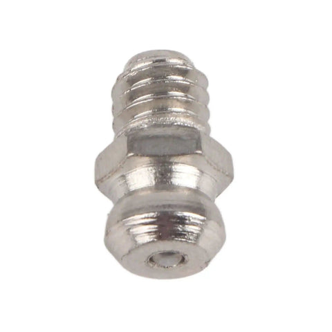 Close-up of single steel fitting from Grease Zerk Kit 10 Pieces Metal Grease Fittings For M6 Straight Grease Gun Accessories Nozzle.