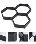 Hexagon Concrete Molds For DIY Garden Walkways Reusable Paver Molds For Concrete Stepping Stone Pavement Kits Easy Pour Molds For Lawn Patio And Yard 35x35cm Mode 4, showing three interlocking hexagon molds made of black plastic.