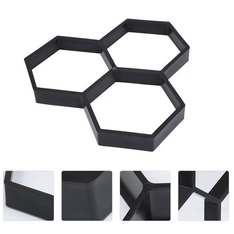 Hexagon Concrete Molds For DIY Garden Walkways Reusable Paver Molds For Concrete Stepping Stone Pavement Kits Easy Pour Molds For Lawn Patio And Yard 35x35cm Mode 4, showing three interlocking hexagon molds made of black plastic.