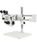 Pro Grade Trinocular Stereo Zoom Microscope With Boom Stand Long Working Distance For Big Parts Like Circuit Boards And Dental Appliances 10X Widefield Eyepieces Adjustable Interpupillary, side view