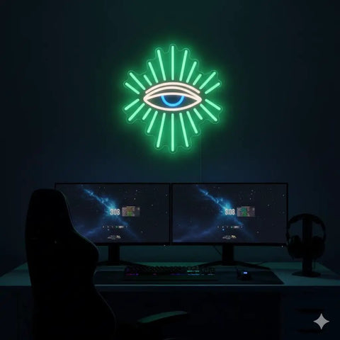 Neon Evil Eye Wall Decor Sign With Dimming LED Green Goth Eyes Bohemian Witchy Bedroom Wall Art USB Powered Neon Light For Meditation Cozy Vibe Dope Gift Modern Home Christmas Decor glowing above a desk setup with monitors in a dark room.