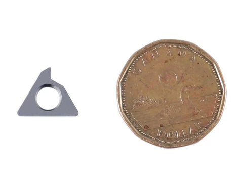 LT16ER 3 Carbide Shims For Indexable External Threading Holders next to a Canadian dollar coin for size comparison