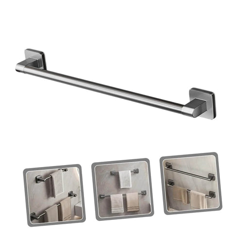 Self Adhesive Bathroom Wall Towel Rack in Gray No Drill Metal Organizer Multipurpose Holder installed with towels