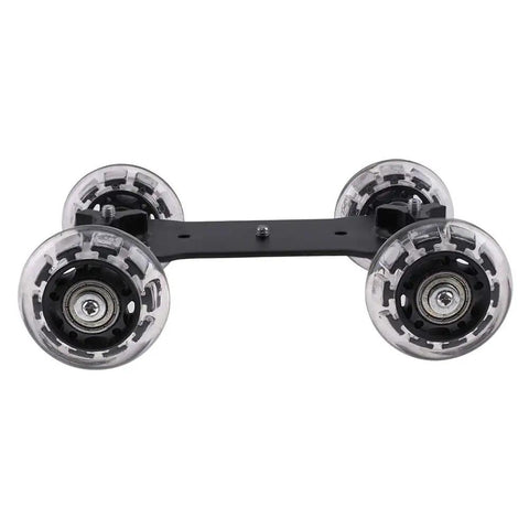 4 Wheel Camera Dolly On Track For Smooth Shots, Tabletop Video Slider With Silica Gel Wheels, close-up view of wheels and frame.