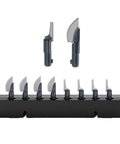Hardcore Eight Piece Saw Blade Set Fits Neosander Sander showing eight heavy duty jigsaw blades on a black holder, suitable for wood and plastic cuts.