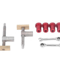 Heavy Duty Desktop Clip Bench Dog Clamp with 19mm quick clamp, stainless steel, brass stop, CNC machined, woodworking tools shown.