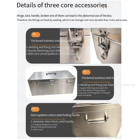 Heavy Duty Stainless Steel Tool Box Portable Metal Garage Organizer Built Different For Skilled Mechanics With Rust Resistant Shell showing details of lock, hinge, and handle.