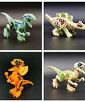 Image of 4 dinosaur figures from 20 Piece Dino Figures Set For Jurassic World Building Blocks With Moving Parts, featuring colorful dinos.