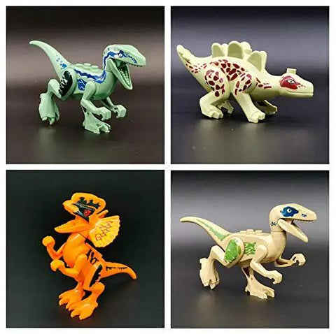 Image of 4 dinosaur figures from 20 Piece Dino Figures Set For Jurassic World Building Blocks With Moving Parts, featuring colorful dinos.