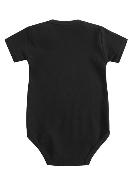 Back view of black Infant One Piece Romper With Road Trip Captain RV Theme Cute Abstract Pattern Soft Cotton Knit Unisex Baby Outfit