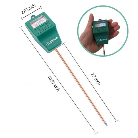 Gouevn Soil Moisture Meter For Plants Indoor And Outdoor Hygrometer Moisture Sensor Plant Water Meter in hand, dimensions shown.