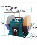 Heavy Duty 10 Inch Water Cooled Knife Sharpener With Variable Speed And Wet Dry Dual Mode For All Knives And Chisels Grinds Through Dull Blades Like A Top Shelf Machine With Zero Sweat And Pro Grade Power, showing measurements and tool holder.