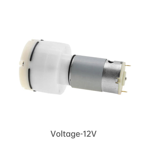 Side view of 12V Micro Vacuum Pump for Aquarium Oxygen, Whisper Quiet DC Air Pump with 15 L/Min Flow, showing Voltage 12V label.