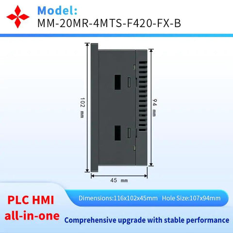 Side view of All In One 4 Inch Plc Hmi With 12 Input And 8 Relay Output Built In 2Ad And 2Da And 2 NTC10K Temperature Sensors High Speed