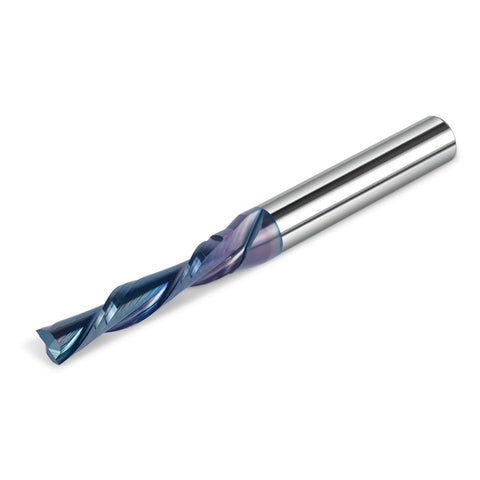 Angled view of SpeTool 1/4 in shank downcut spiral router bit, 3/16 in cutting diameter, TAC coated.