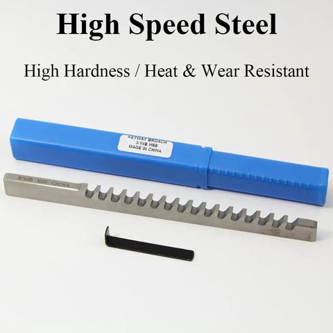 Push Type Keyway Broach With Shim Five Thirty Seconds Inch High Speed Steel For A Go To Keyway Slot Cutting Tool displayed with packaging
