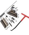 Motorcycle exhaust spring hook tool set with red T-handle puller and assorted metal springs and hooks (2 pcs)
