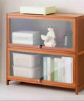 Two Tier Bamboo Desk Book Shelf With Hovering Clear Plastic Door Organizer Rack Space Saving Office Display Shelf