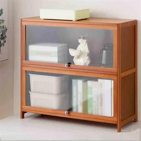 Two Tier Bamboo Desk Book Shelf With Hovering Clear Plastic Door Organizer Rack Space Saving Office Display Shelf