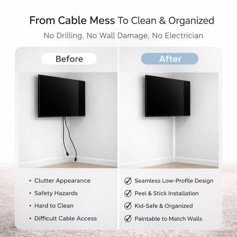 Before and after view using Corner Cable Trunking Raceway 192 Inch Paintable Self Adhesive TV Cable Hider for wall corners.