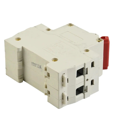 Top Notch Rock Solid Heavy Duty Two Pole Double MCB Circuit Breaker Rated Up To Sixty Three Amps At Five Hundred Volts For Solar PV Installations And Terminal Power Distribution Setups Ready To Roll, front view of circuit breaker.