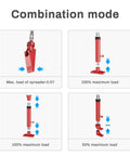 Anbull 10-ton porta power hydraulic jack in red shown in four combination-mode diagrams (0.5T spreader to full lift).