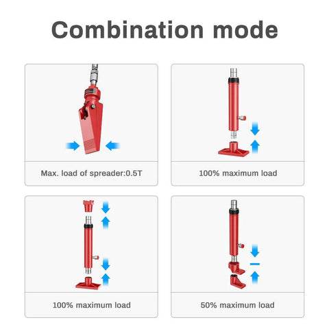 Anbull 10-ton porta power hydraulic jack in red shown in four combination-mode diagrams (0.5T spreader to full lift).