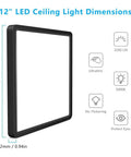 Ultra Thin 12 Inch 24W LED Flush Mount Ceiling Light 5000K Daylight White Square Surface Mount Panel with dimensions and features