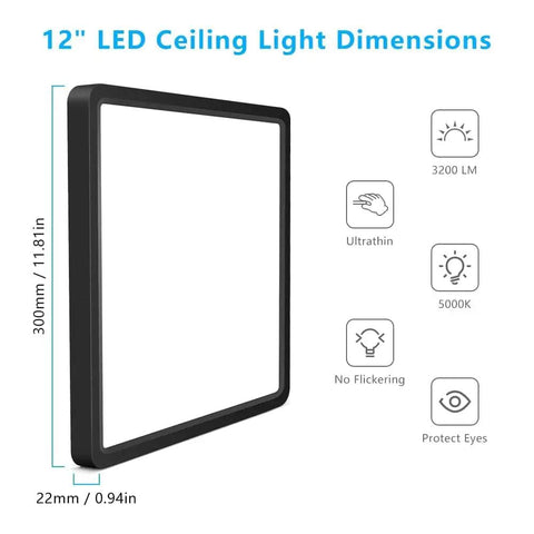 Ultra Thin 12 Inch 24W LED Flush Mount Ceiling Light 5000K Daylight White Square Surface Mount Panel with dimensions and features
