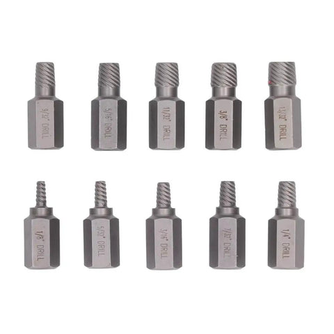 Super Cool 10 Piece Screw Extractor Set Made From Tough Chrome Moly Steel To Rip Out Stripped Bolts and Broken Fasteners With Ease Featuring Red Storage Box For Easy Tool Organization., chrome moly steel screw extractors, 9/32 to 1/4 drill
