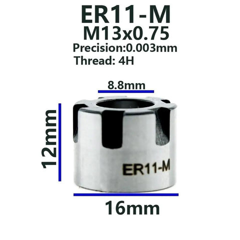 ER11 Collet Clamping Nut For CNC Lathe Tooling Heavy Duty Steel Lock Screw With Rock Solid No Slip Grip Fast Swap Fits M13 M14 M15 Threads, showing detailed dimensions.