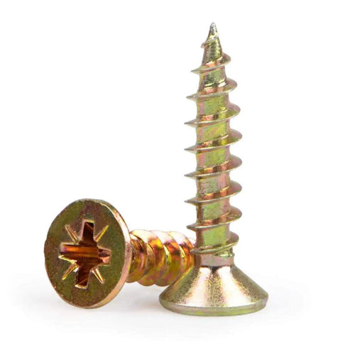Badass Hardened Carbon Steel Self Tapping Wood Screws Featuring Smooth Countersunk Flat Heads Zinc Coated Finish ideal for drywall use.