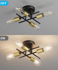 Sleek Black And Gold Sputnik Ceiling Light Fixture with four lights, semi flush mount, shown off and on for kitchen island