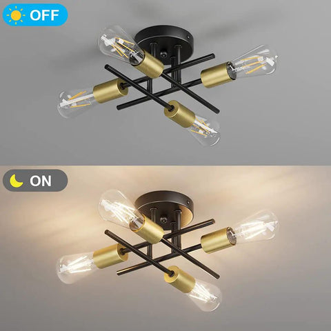 Sleek Black And Gold Sputnik Ceiling Light Fixture with four lights, semi flush mount, shown off and on for kitchen island
