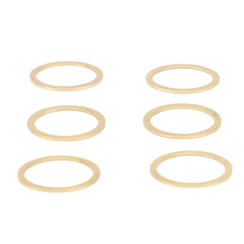 Brass Washer Shear Ring Repair Kit, 6 Piece Set With Low Volatility Brass Washers For High Temperature And Oxidation Prevention, Vacuum Ready, Built To Last, Heavy Duty Pro Grade Kit For VST VSTA SBKA. six brass washers on white background