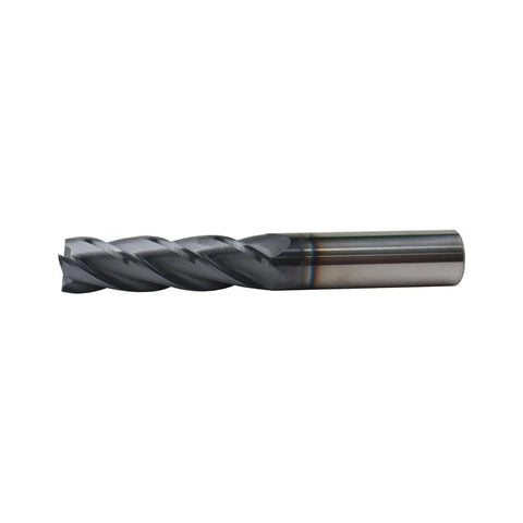 Side view of Zorqon 9/16in carbide long end mill, 4-flute, AlTiN-coated square end for steels, 2in LOC, 9/16in shank