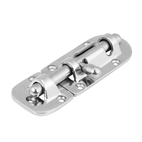 Boat door/window latch front view with sliding bolt on mounting plate, stainless steel marine hardware
