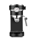Premium Semi Automatic Espresso Machine With 15 Bar Pressure And 1.1 Liter Tank And Auto Shut Off Switch For Smooth Weekend Grinds And Easy Dual Cup Drip Sessions In Any Slick Home Kitchen Setup Available In Retro Red Or Matte Black in sleek matte black finish with dual cup drip feature.